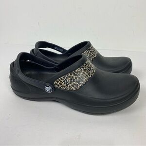 CROCS Black and Leopard Print Mules